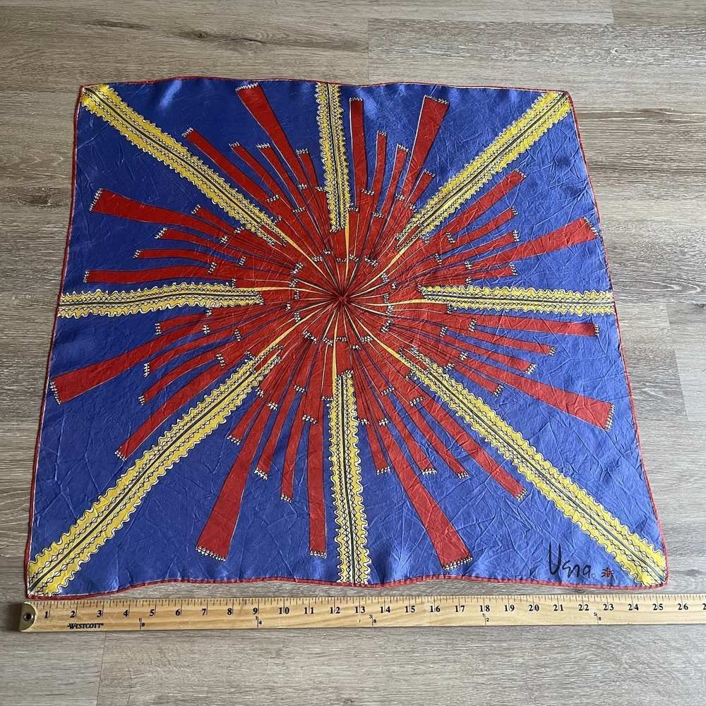 Vera Neumann Starburst Scarf Blue Red Gold Square 26" x 26" - Picture 2 of 5